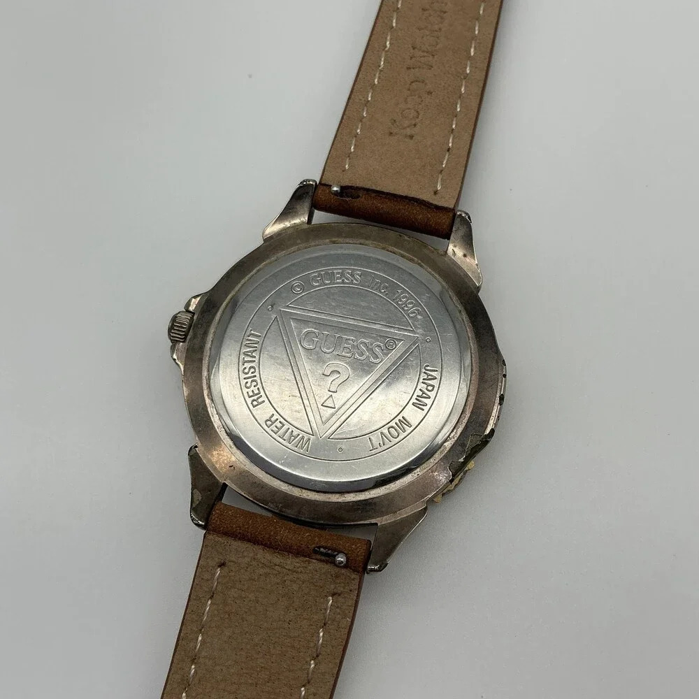 Vintage Guess Mens Watch 38mm White Dial Brown Leather Moonphase New Battery